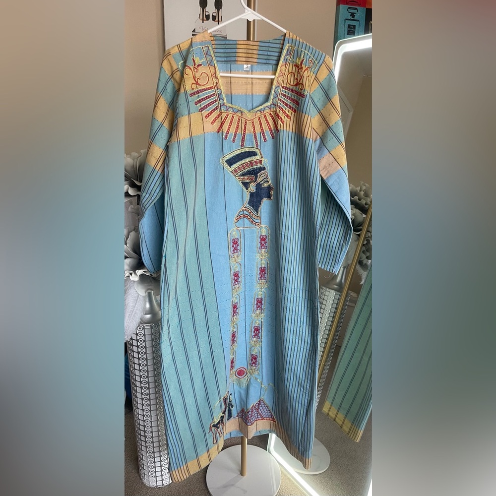 Blue Striped Kaftan with Egyptian Motif